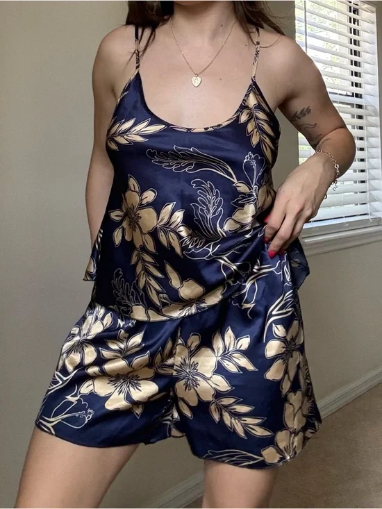 Silky Navy Blue & Gold Floral Cami Short Set - Picture 3 of 5